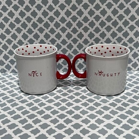 NOVOGRATZ Naughty & Nice White Ceramic Red Polka Dots Mugs 16 0z - Picture 2 of 5